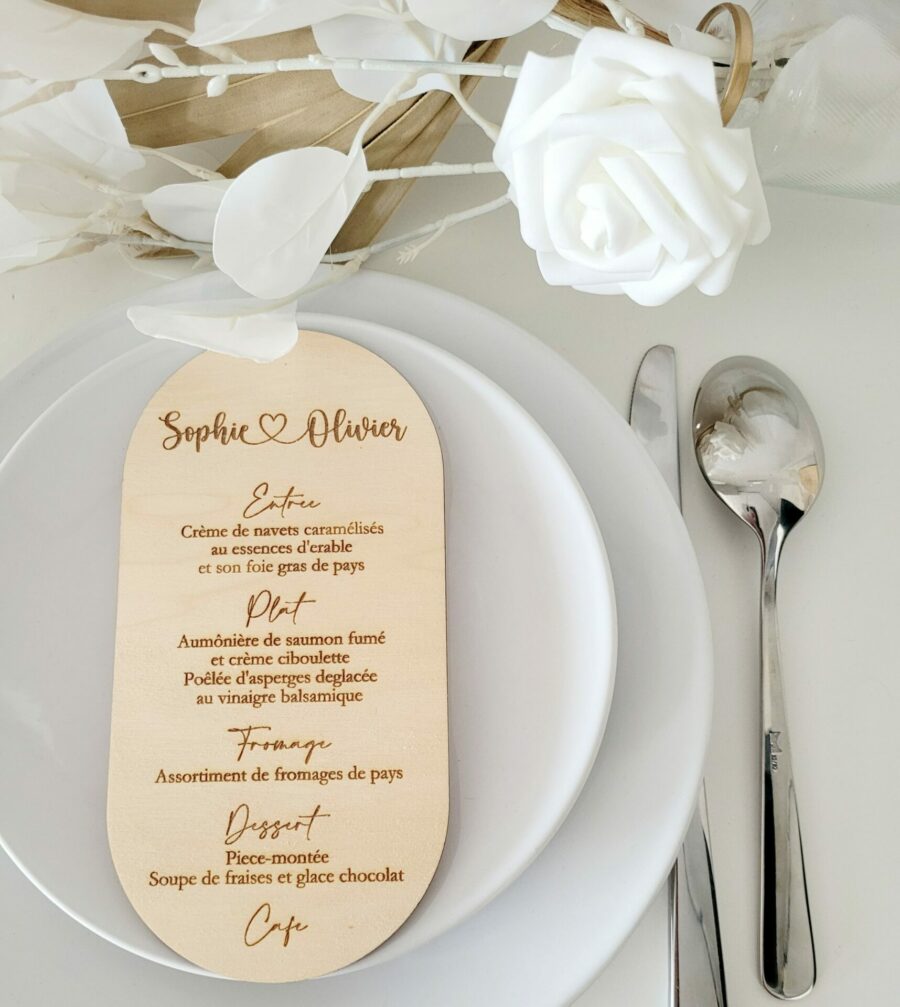 Menu bois mariage personnalisé