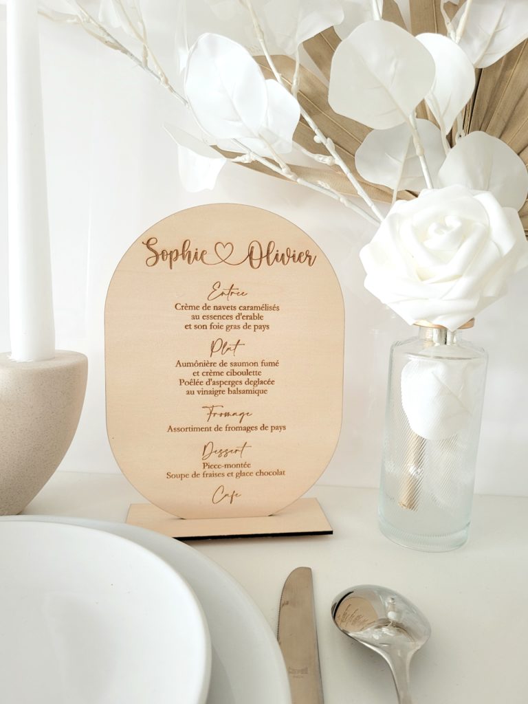 Menu bois mariage personnalisé